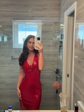 Meshki Red Sequin Maxi Dress with Floral Detail